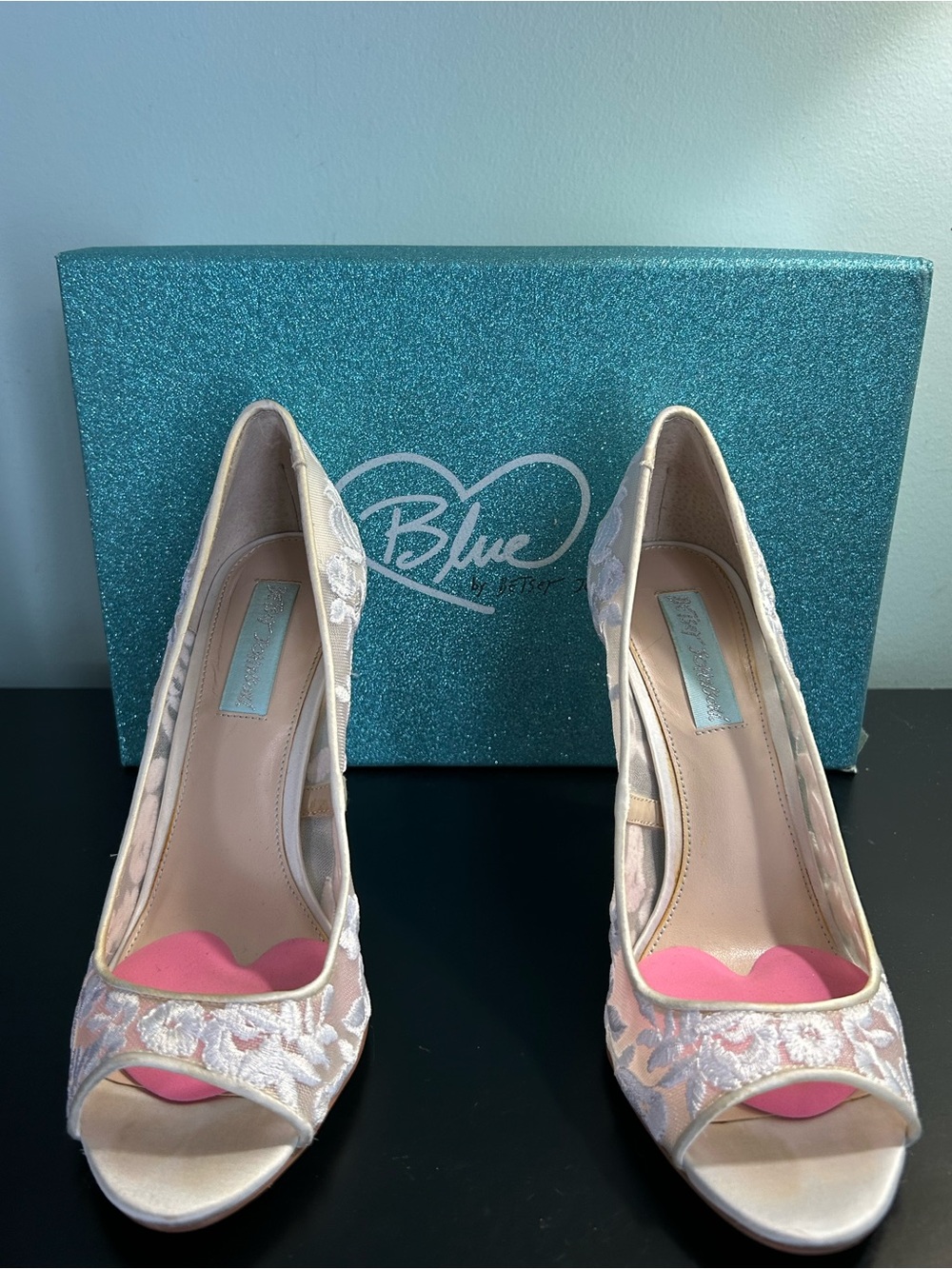 Blue by Betsey Johnson Ivory Lace Peep-Toe Heels